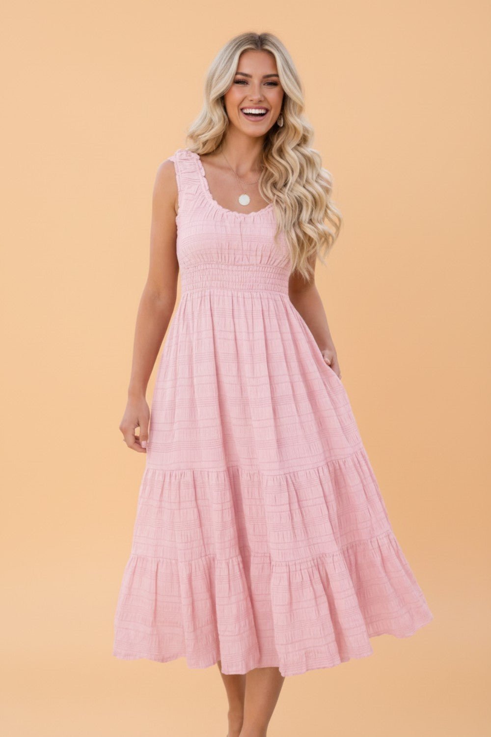 Shirred Pleated Square Neck Sleeveless Midi Dress - Rooted & Reckless Co.