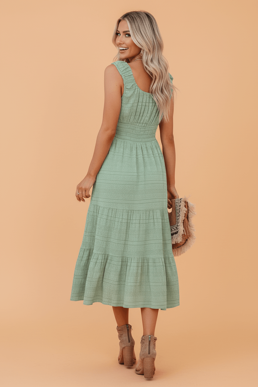 Shirred Pleated Square Neck Sleeveless Midi Dress - Rooted & Reckless Co.
