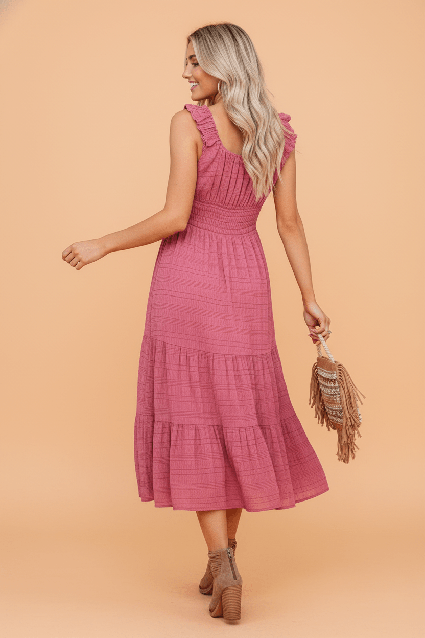 Shirred Pleated Square Neck Sleeveless Midi Dress - Rooted & Reckless Co.