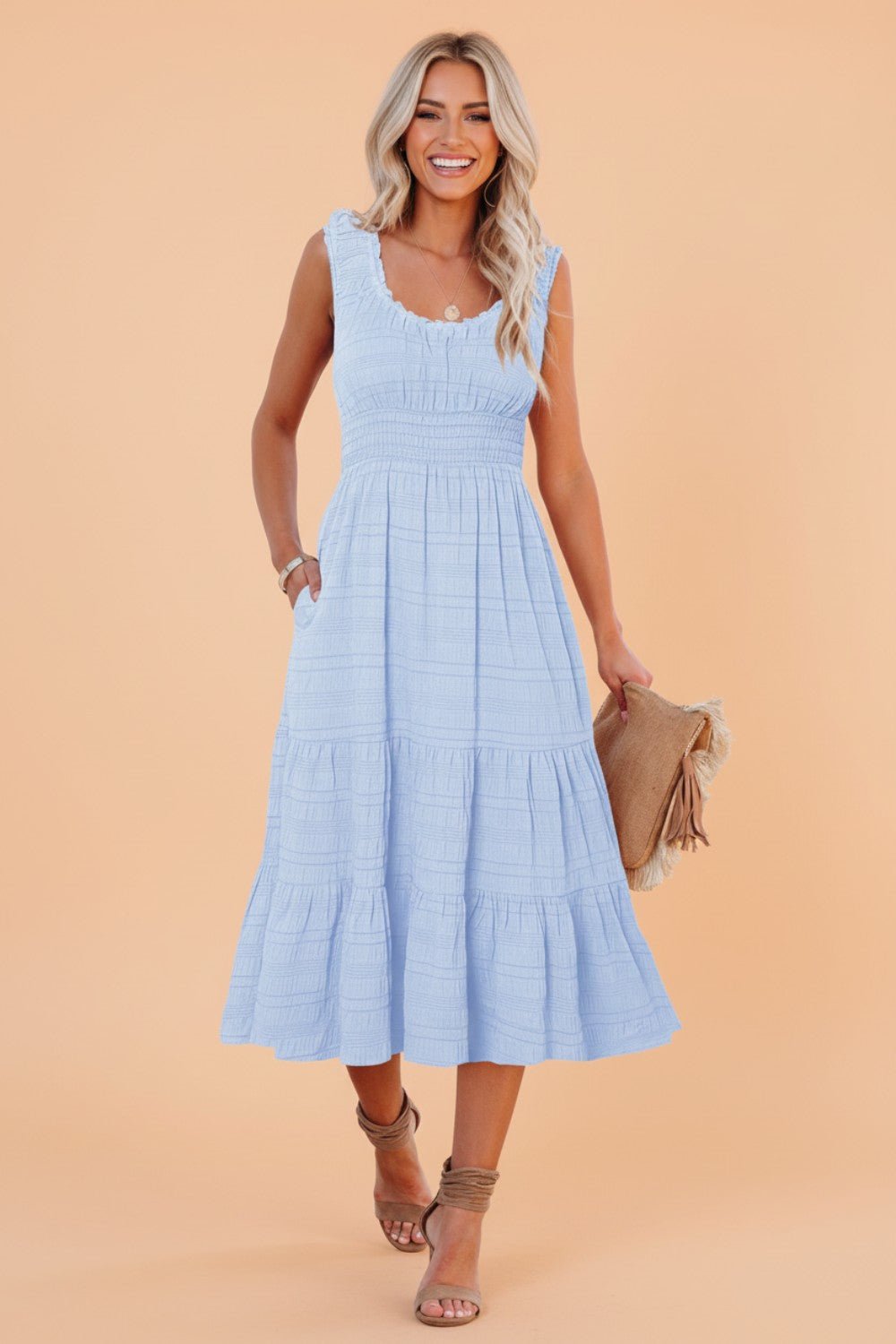 Shirred Pleated Square Neck Sleeveless Midi Dress - Rooted & Reckless Co.