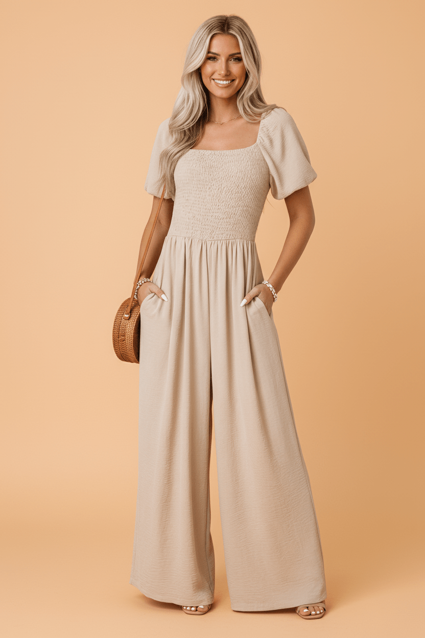 Short Bubble Sleeve Smocked Wide Leg Jumpsuit - Rooted & Reckless Co.