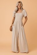 Short Bubble Sleeve Smocked Wide Leg Jumpsuit - Rooted & Reckless Co.