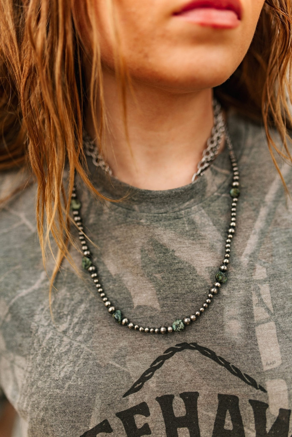 Silver Beads Turquoise Flats Beaded Necklace - Rooted & Reckless Co.