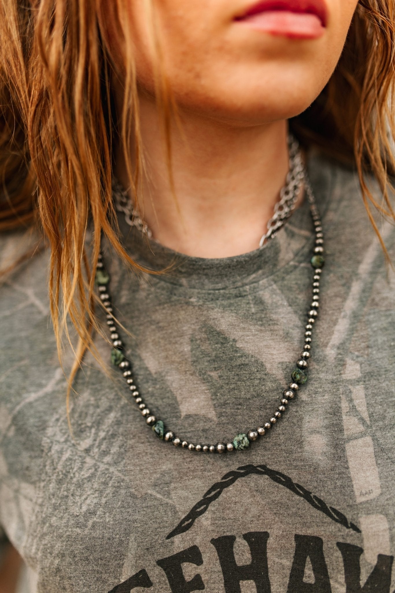 Silver Beads Turquoise Flats Beaded Necklace - Rooted & Reckless Co.