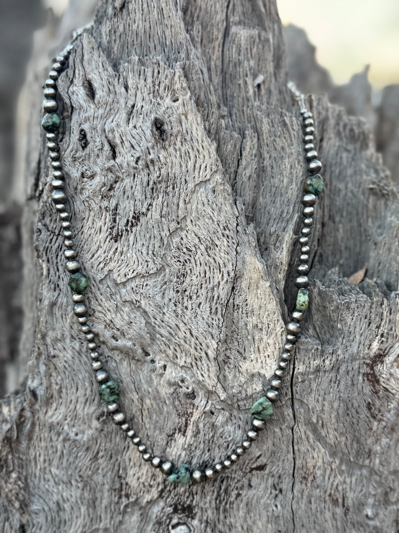 Silver Beads Turquoise Flats Beaded Necklace - Rooted & Reckless Co.