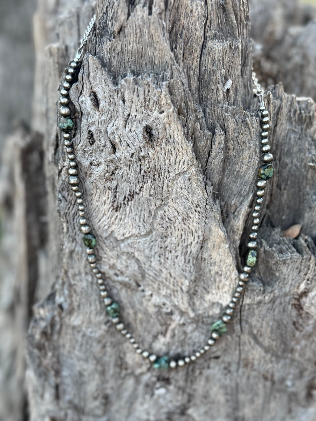 Silver Beads Turquoise Flats Beaded Necklace - Rooted & Reckless Co.