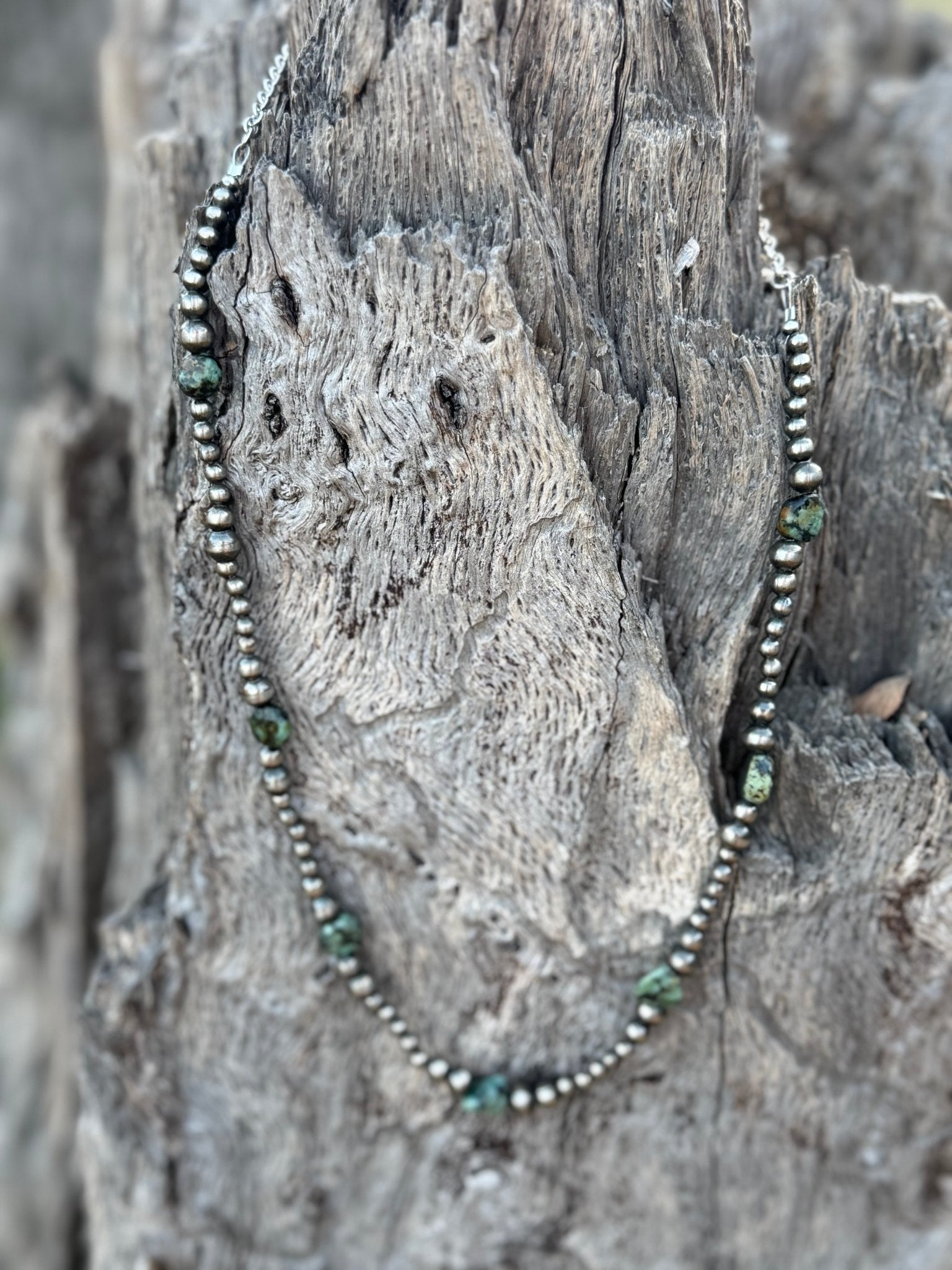 Silver Beads Turquoise Flats Beaded Necklace - Rooted & Reckless Co.