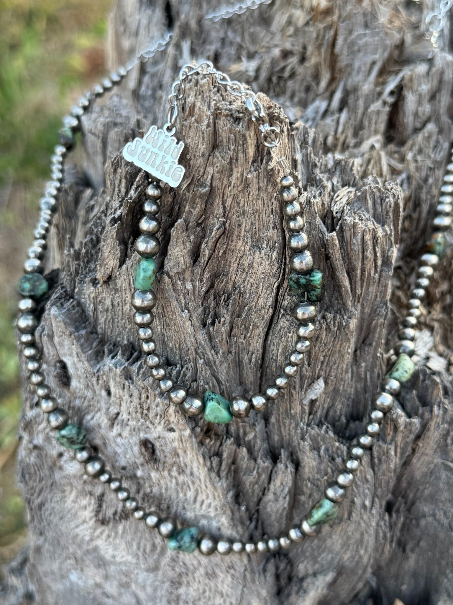 Silver Beads Turquoise Flats Beaded Necklace - Rooted & Reckless Co.