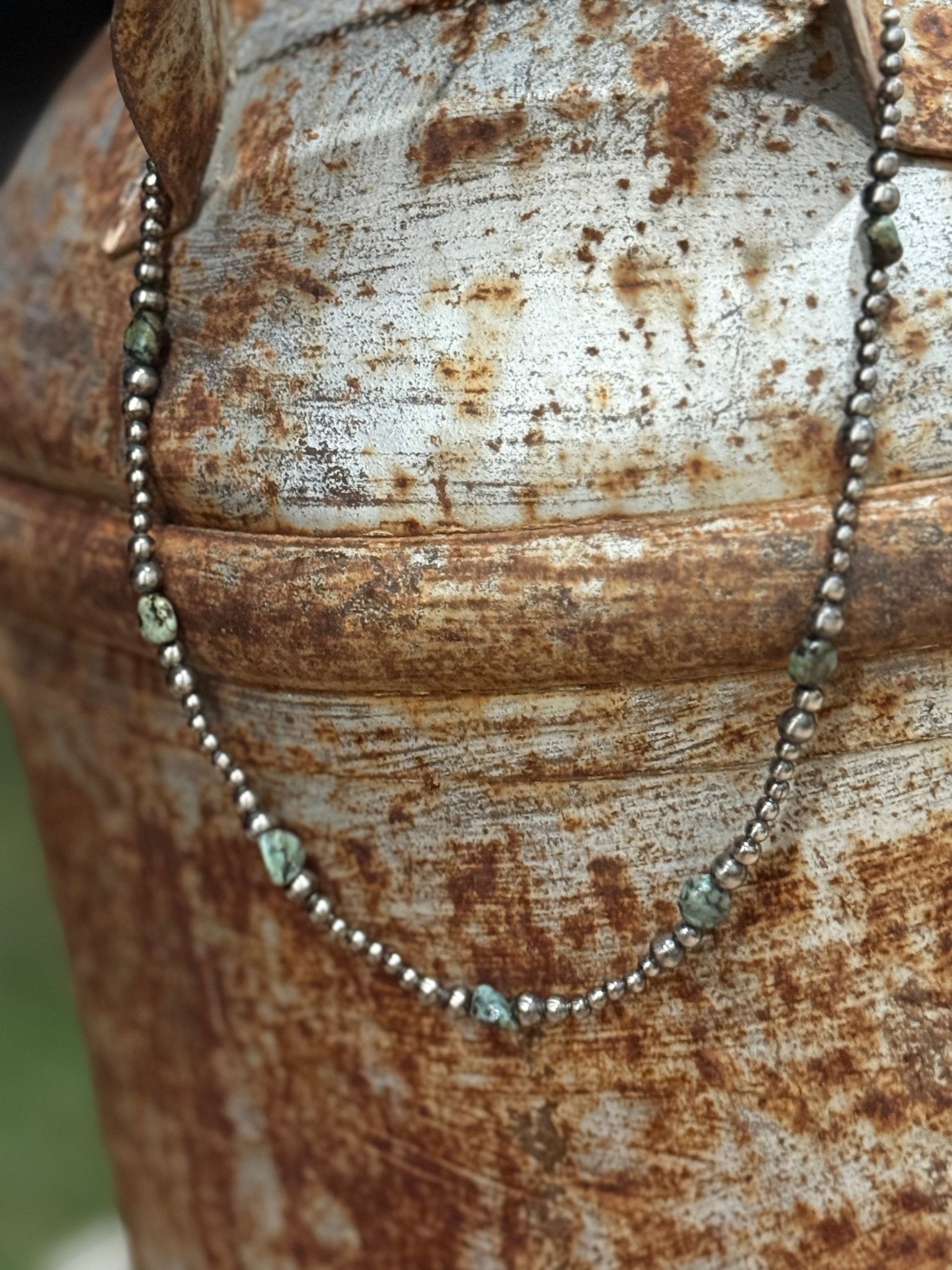 Silver Beads Turquoise Flats Beaded Necklace - Rooted & Reckless Co.