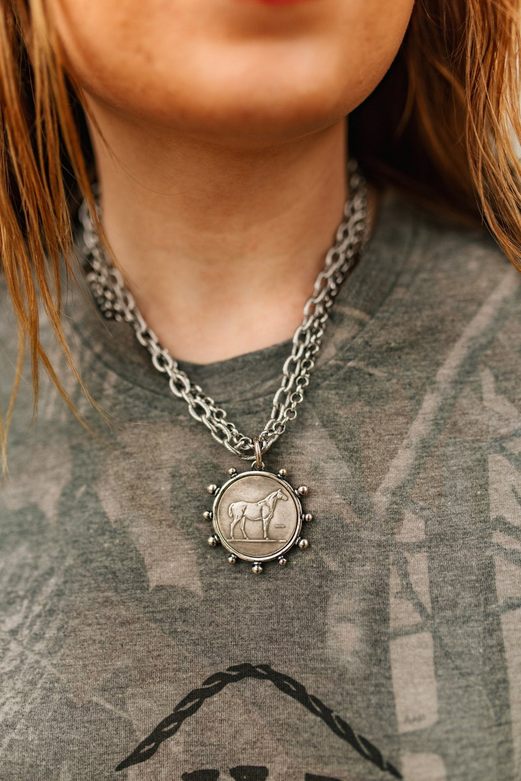 Silver Horse Coin Double Chain Necklace - Rooted & Reckless Co.