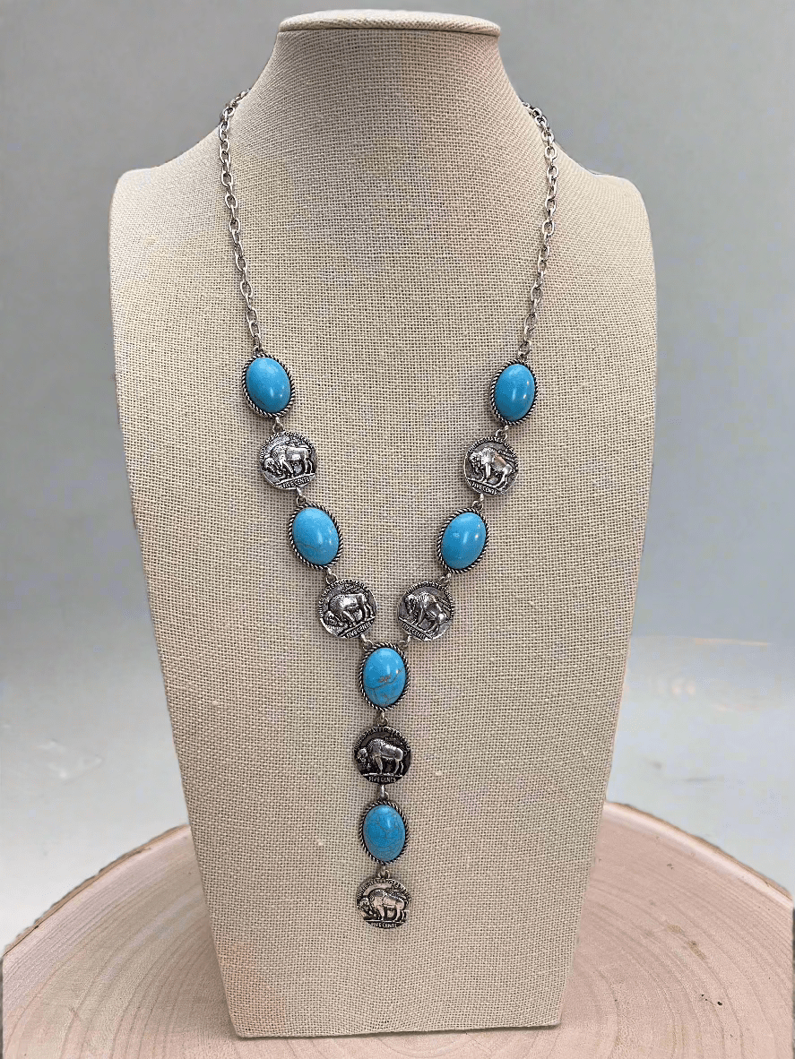 Silver Western Buffalo Coin Faux Lariat Necklace & Earring Set - Rooted & Reckless Co.