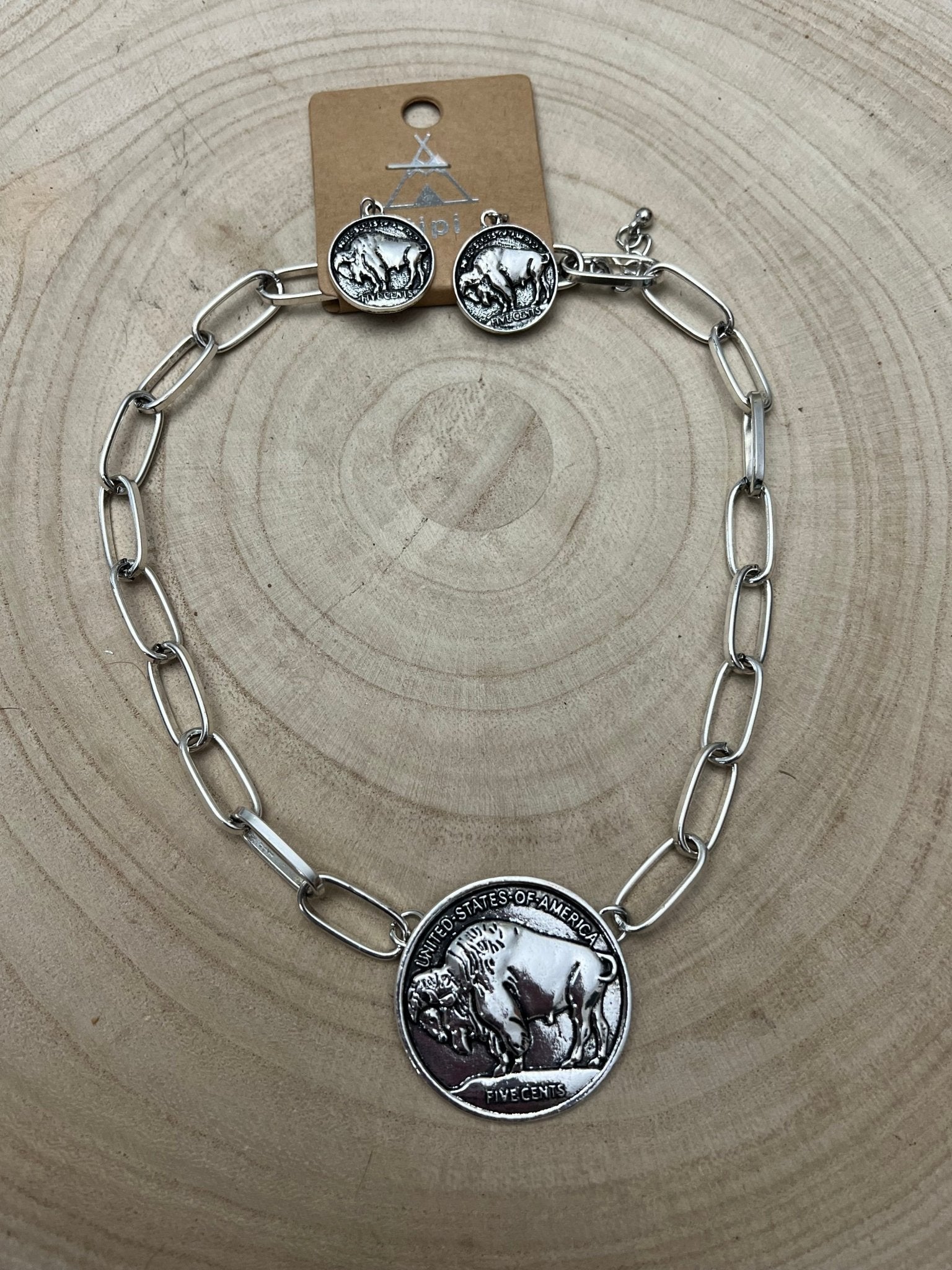 Silver Western Buffalo Coin Statement Choker & Earring Set — Oversized Coin Pendant - Rooted & Reckless Co.
