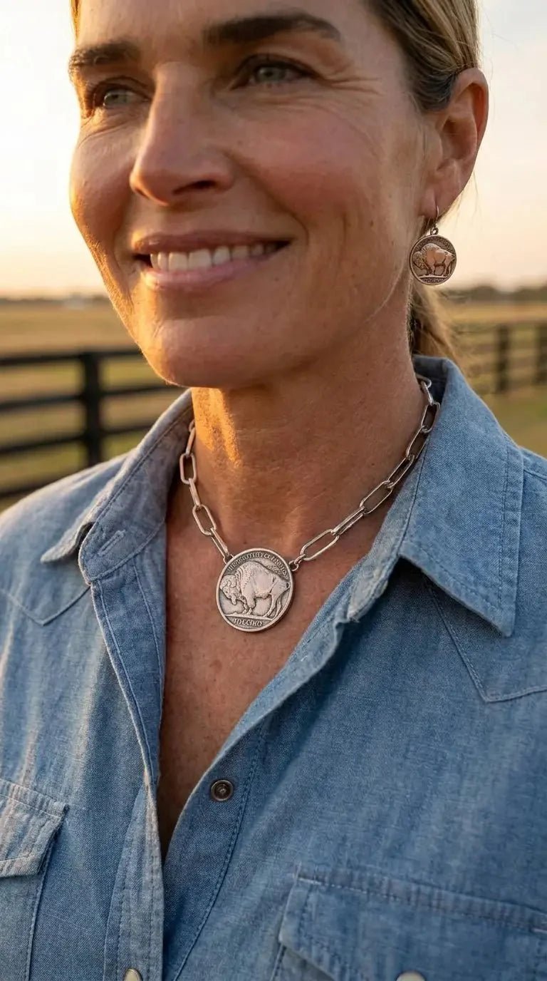Silver Western Buffalo Coin Statement Choker & Earring Set — Oversized Coin Pendant - Rooted & Reckless Co.