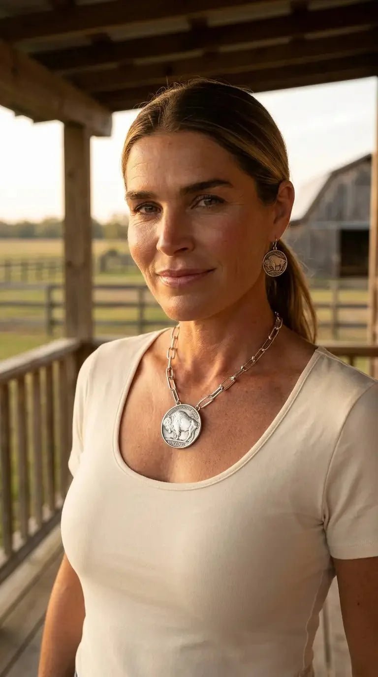 Silver Western Buffalo Coin Statement Choker & Earring Set — Oversized Coin Pendant - Rooted & Reckless Co.
