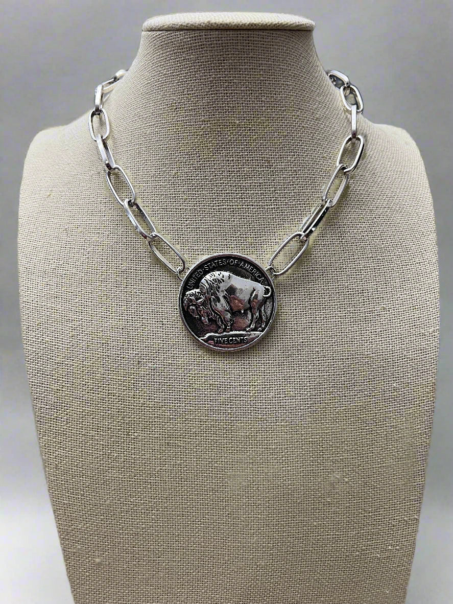 Silver Western Buffalo Coin Statement Choker & Earring Set — Oversized Coin Pendant - Rooted & Reckless Co.