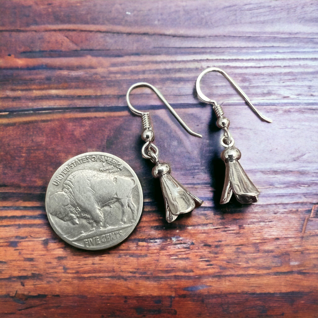 Small Sterling Silver Squash Blossom Dangle Earrings — 9×16mm (Native-Style) - Rooted & Reckless Co.