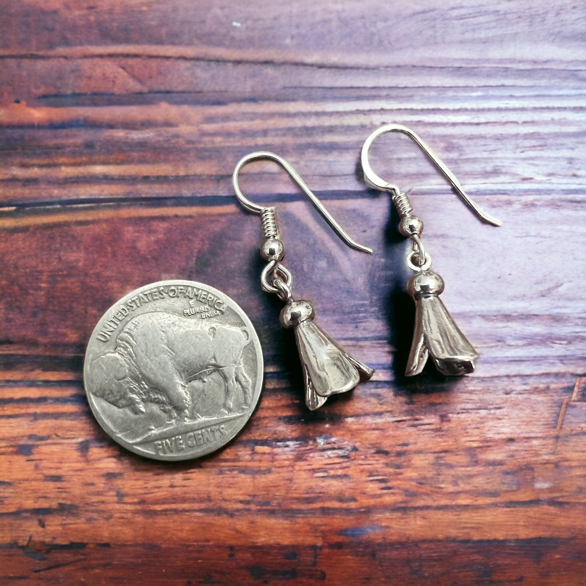Small Sterling Silver Squash Blossom Dangle Earrings — 9×16mm (Native-Style) - Rooted & Reckless Co.
