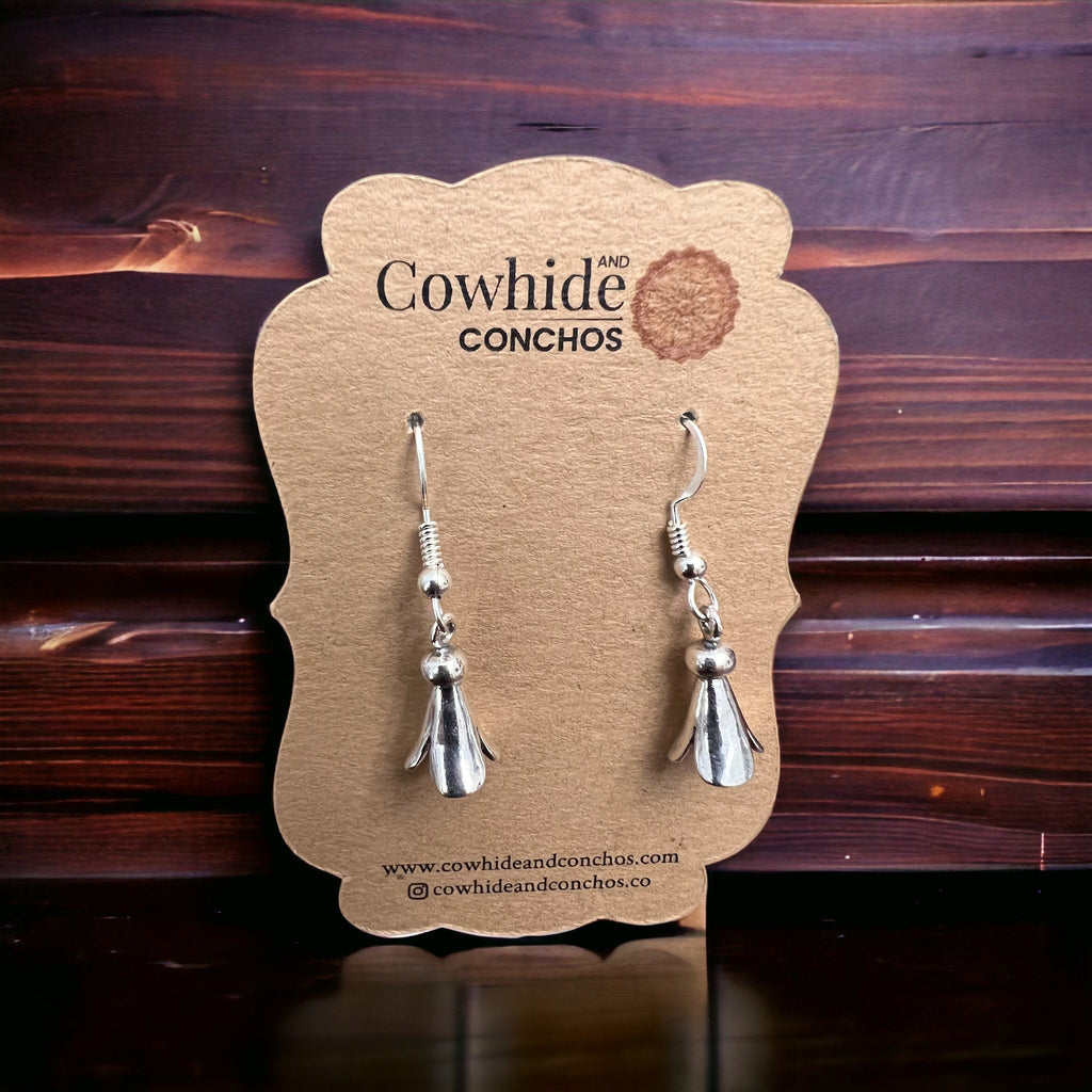 Small Sterling Silver Squash Blossom Dangle Earrings — 9×16mm (Native-Style) - Rooted & Reckless Co.