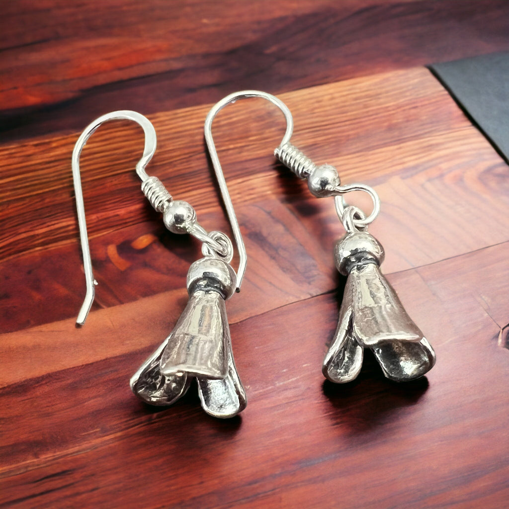 Small Sterling Silver Squash Blossom Dangle Earrings — 9×16mm (Native-Style) - Rooted & Reckless Co.