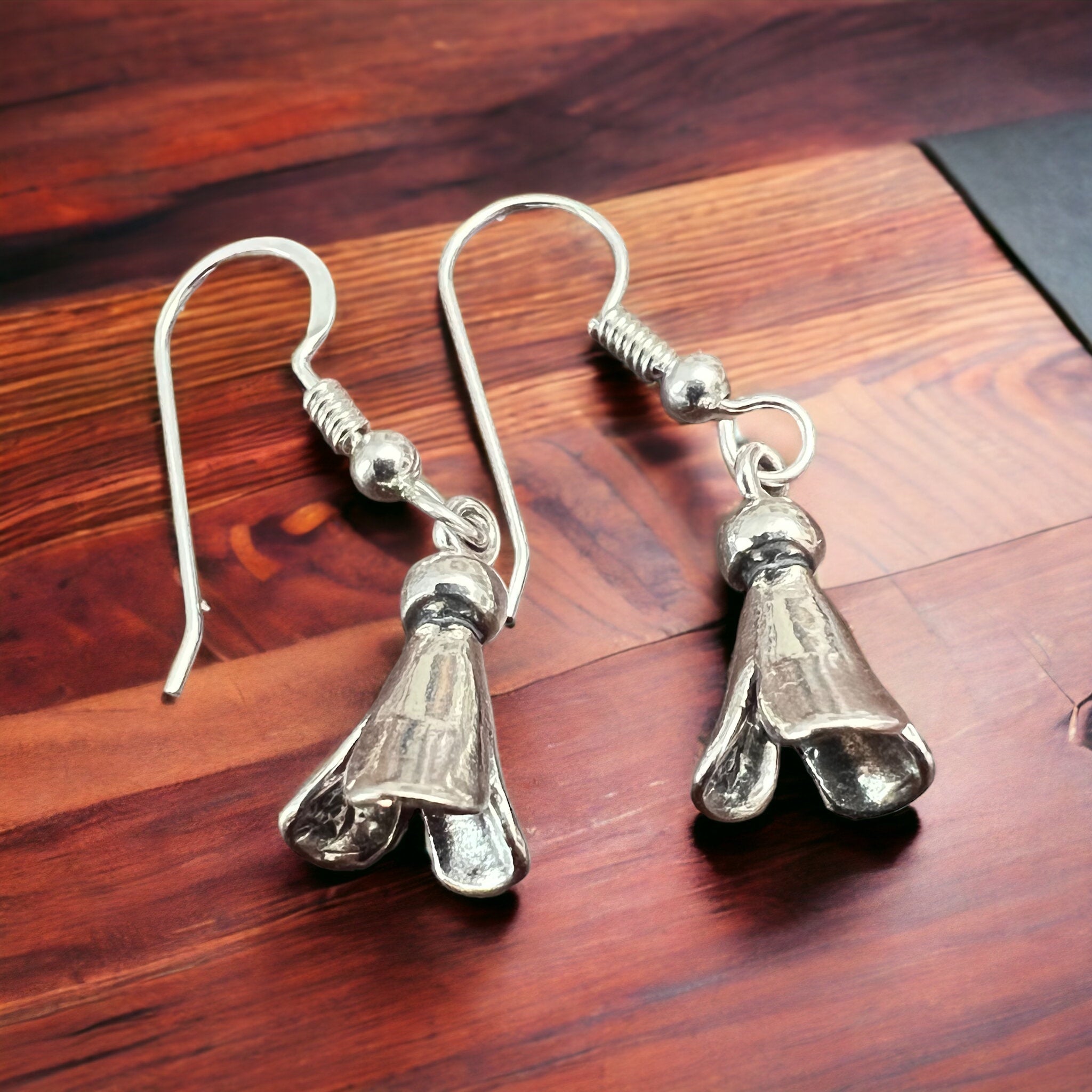 Small Sterling Silver Squash Blossom Dangle Earrings — 9×16mm (Native-Style) - Rooted & Reckless Co.