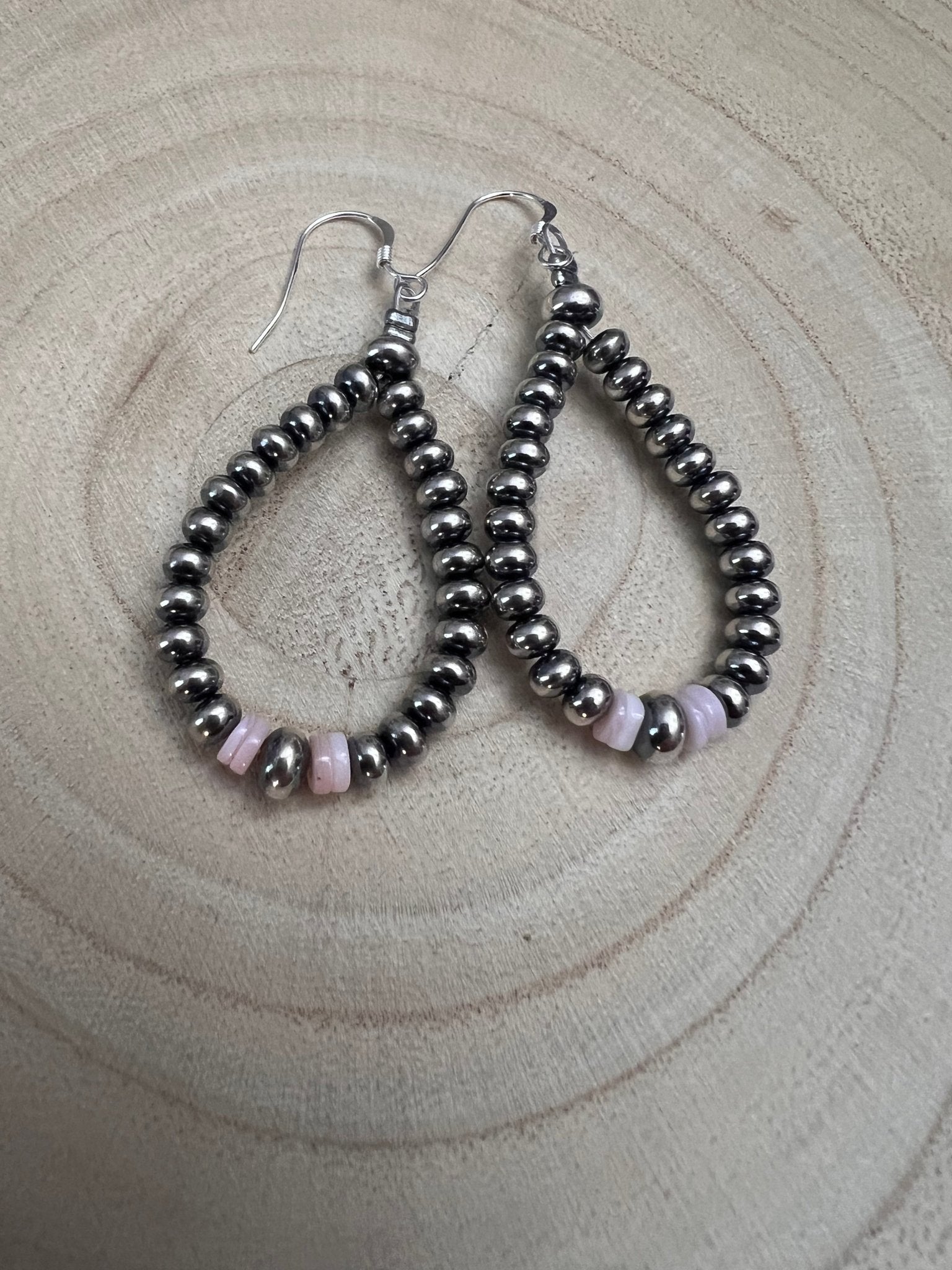 Smaller Sterling Pearl Saucer Teardrop Earrings with Pink Conch — 2.5 inch drop - Rooted & Reckless Co.