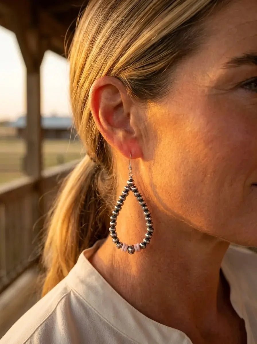Smaller Sterling Pearl Saucer Teardrop Earrings with Pink Conch — 2.5 inch drop - Rooted & Reckless Co.