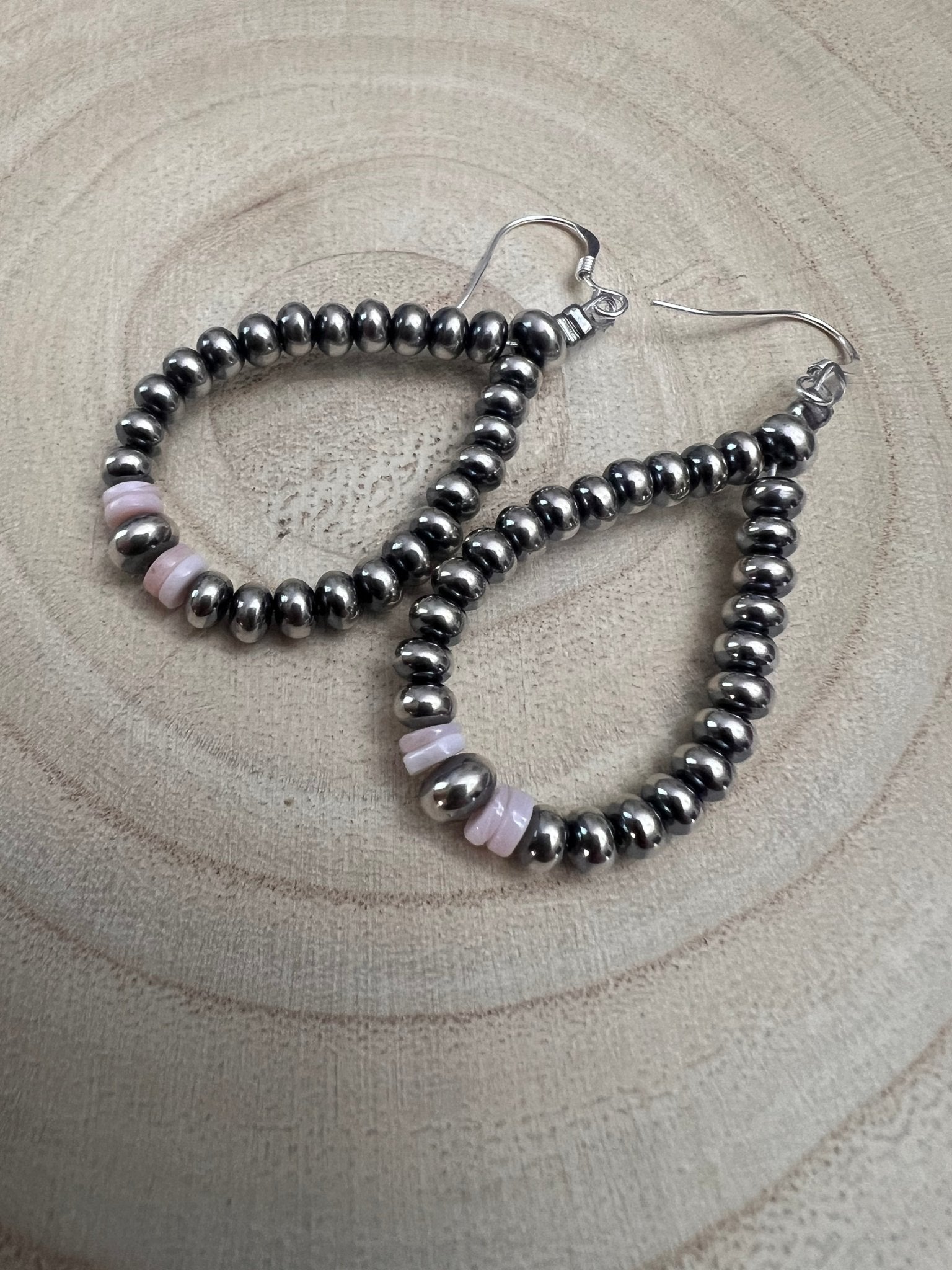 Smaller Sterling Pearl Saucer Teardrop Earrings with Pink Conch — 2.5 inch drop - Rooted & Reckless Co.