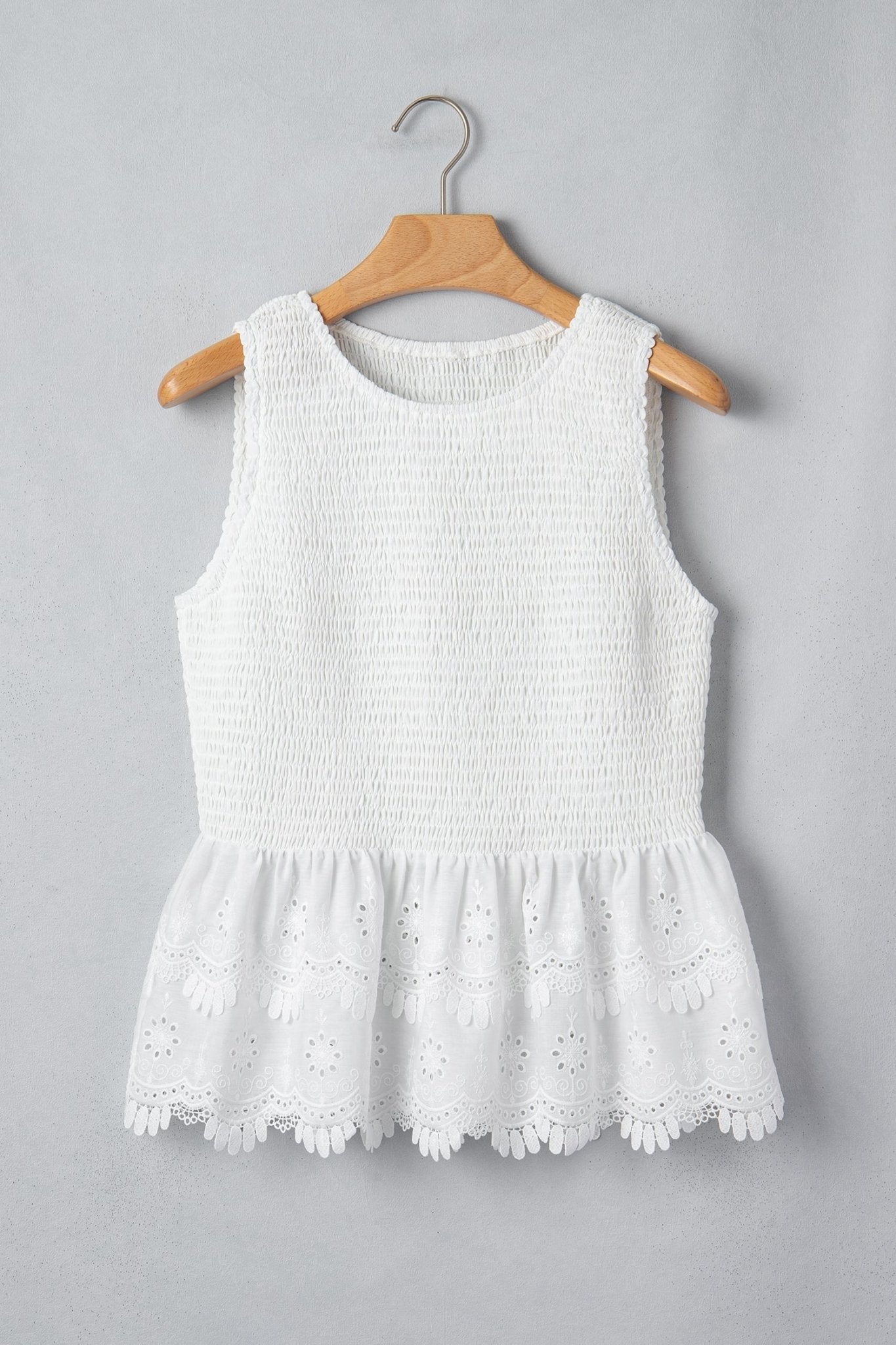 Smocked Lace Sleeveless Peplum Top - Rooted & Reckless Co.