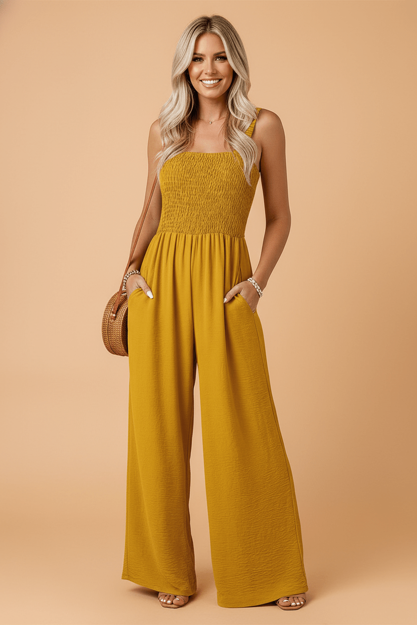 Smocked Sleeveless Wide Leg Jumpsuit with Pockets - Rooted & Reckless Co.