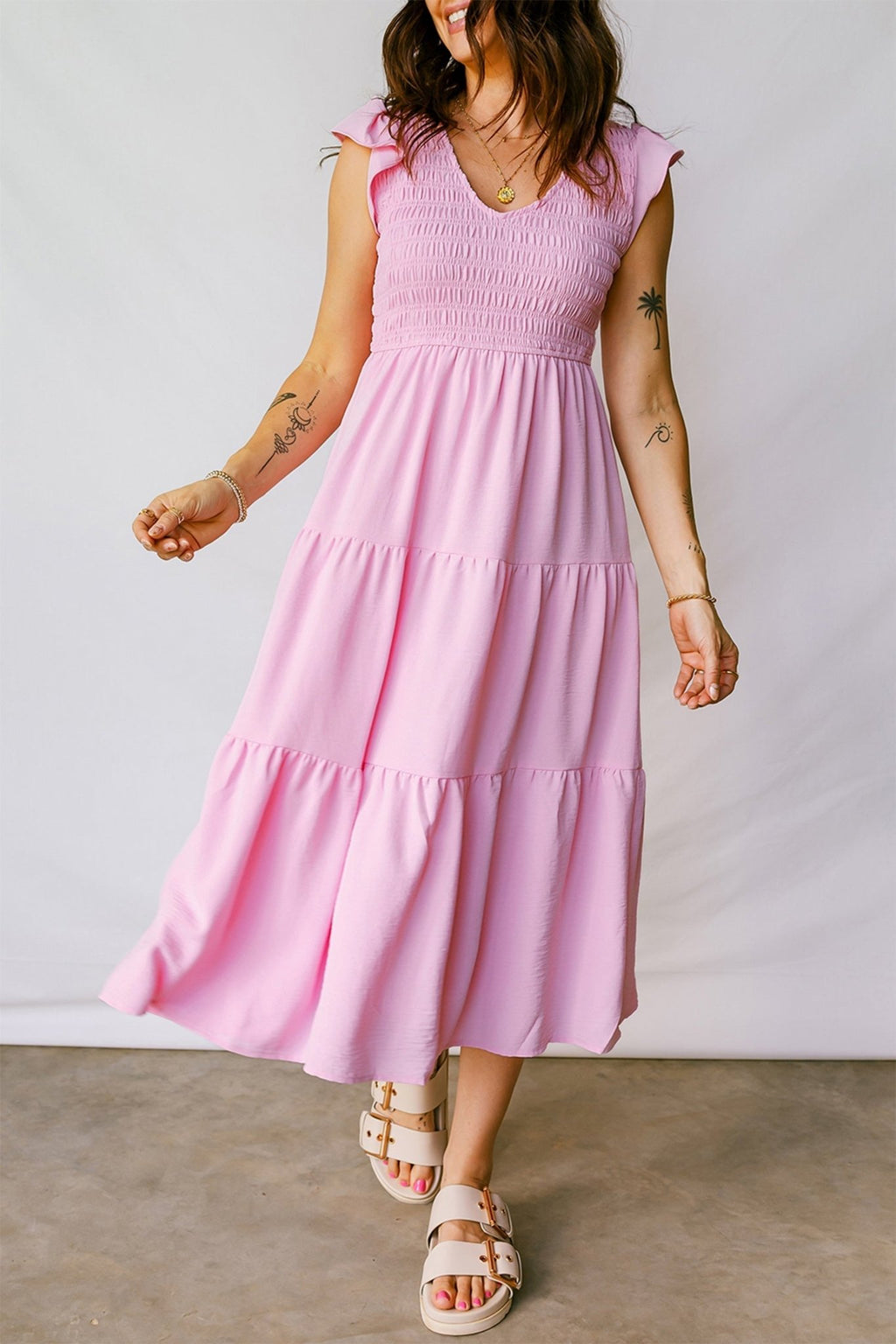 Smocked V-Neck Flutter Sleeve Tiered Midi Dress - Rooted & Reckless Co.