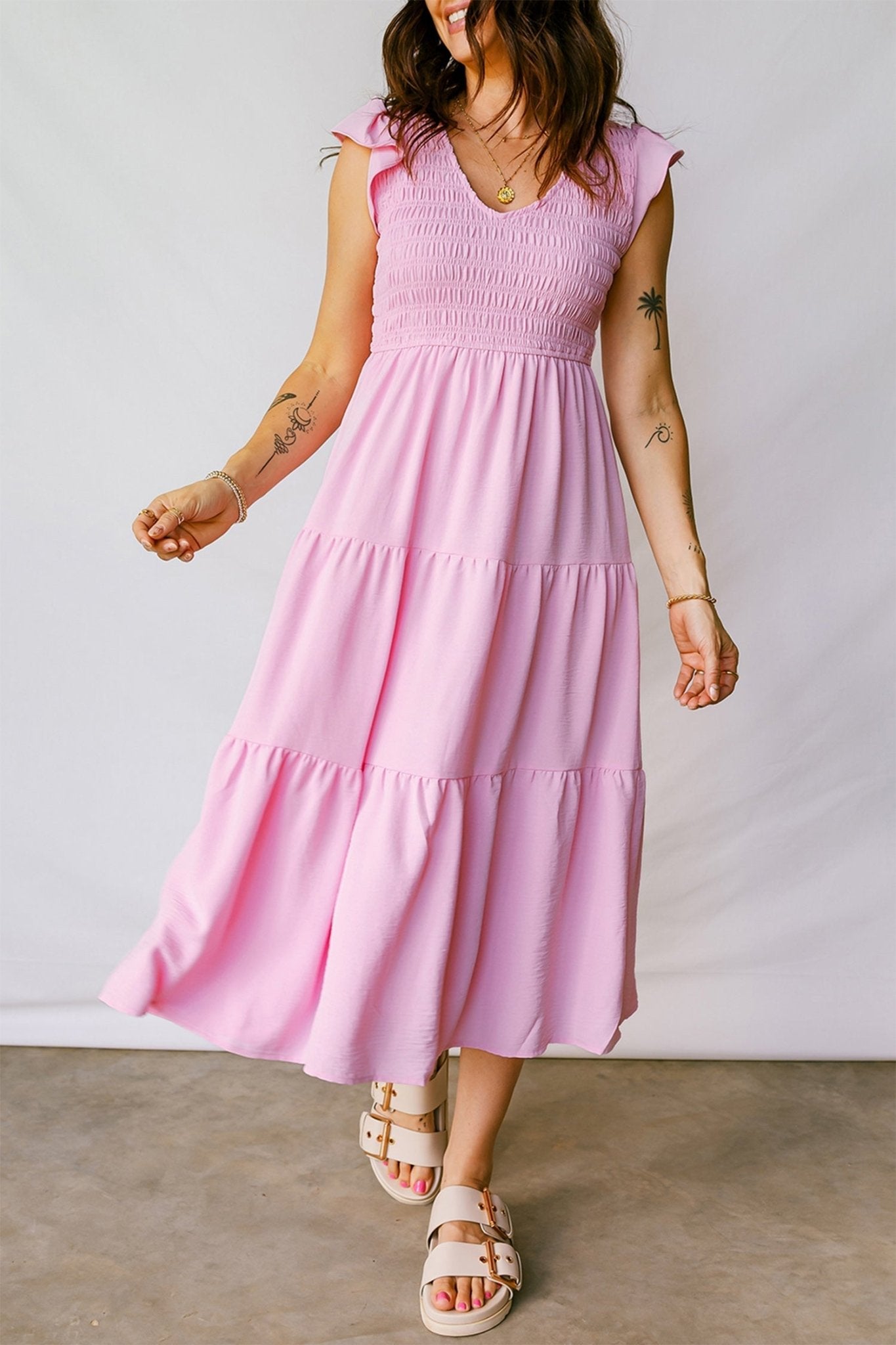 Smocked V-Neck Flutter Sleeve Tiered Midi Dress - Rooted & Reckless Co.