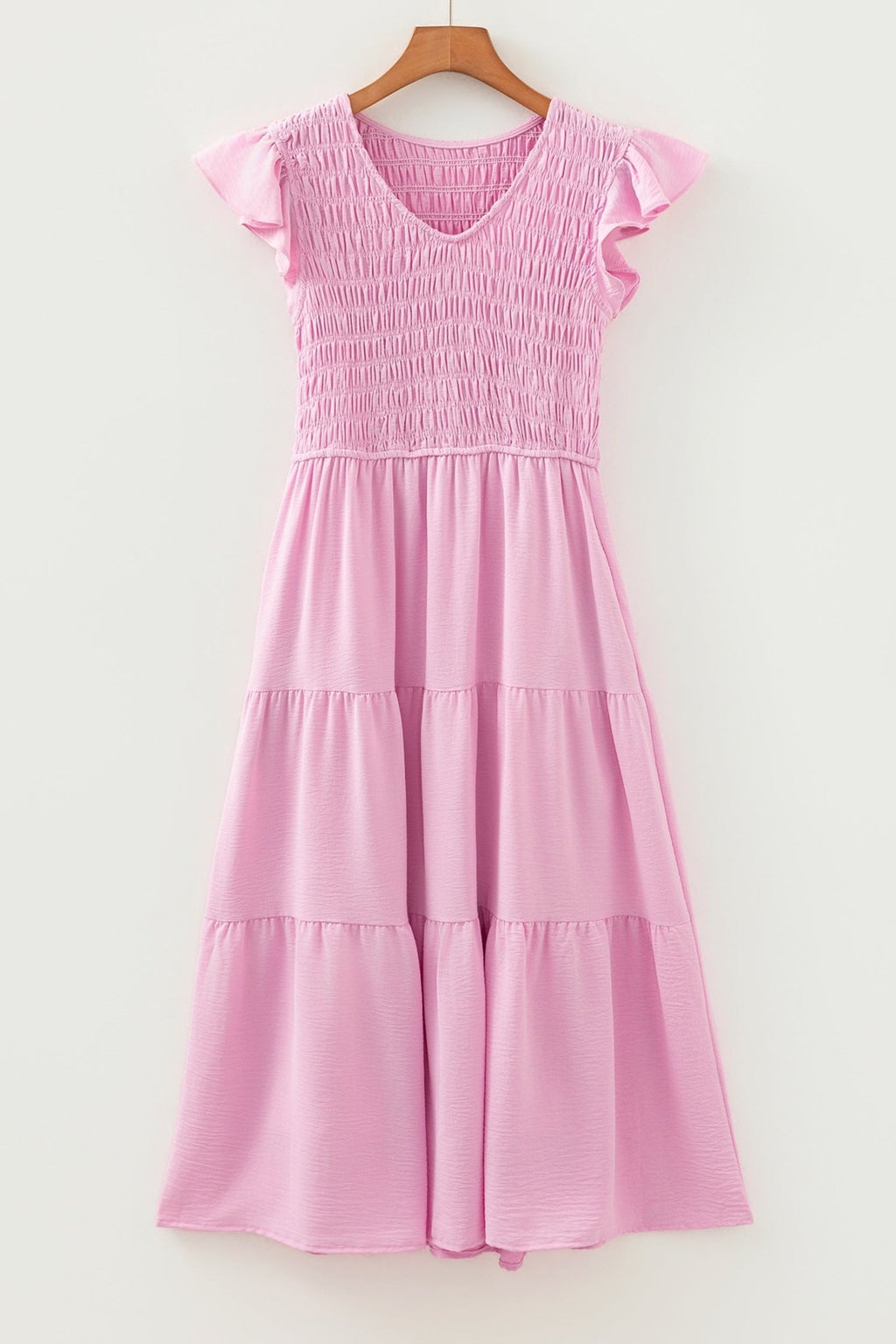 Smocked V-Neck Flutter Sleeve Tiered Midi Dress - Rooted & Reckless Co.