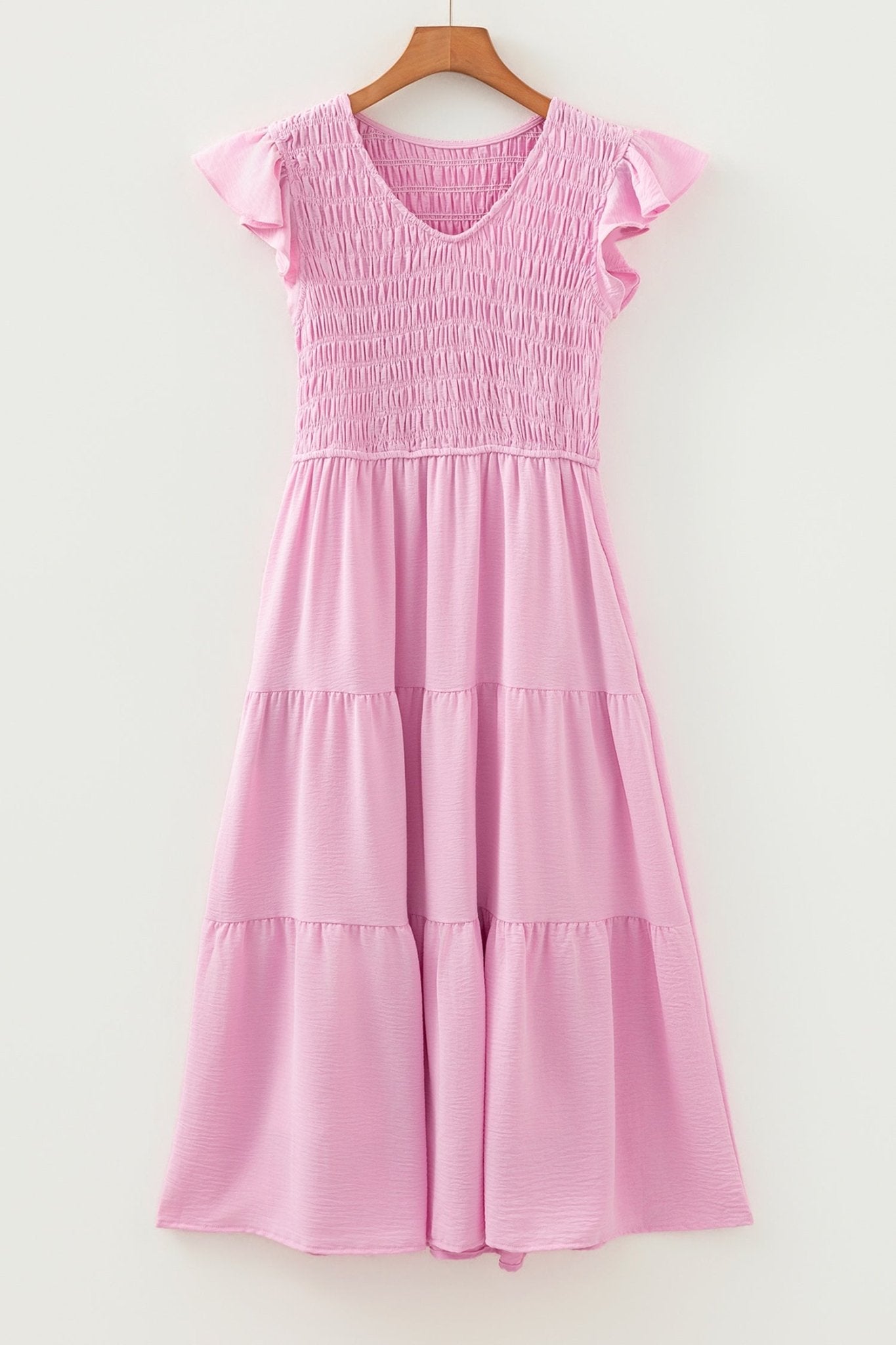 Smocked V-Neck Flutter Sleeve Tiered Midi Dress - Rooted & Reckless Co.