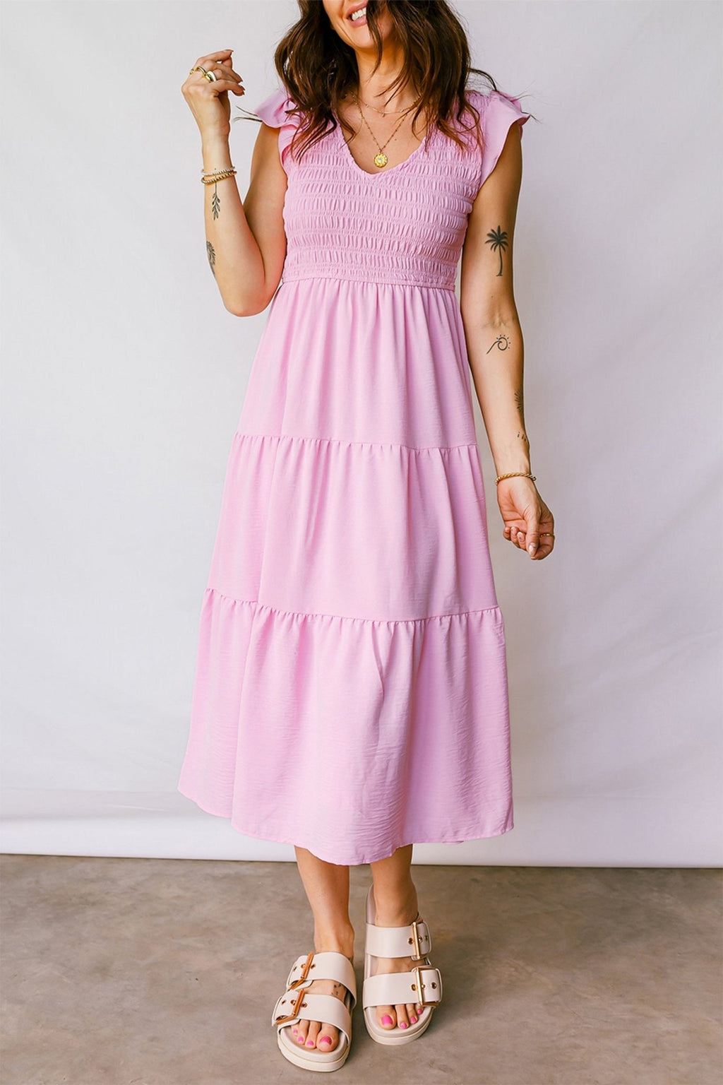 Smocked V-Neck Flutter Sleeve Tiered Midi Dress - Rooted & Reckless Co.