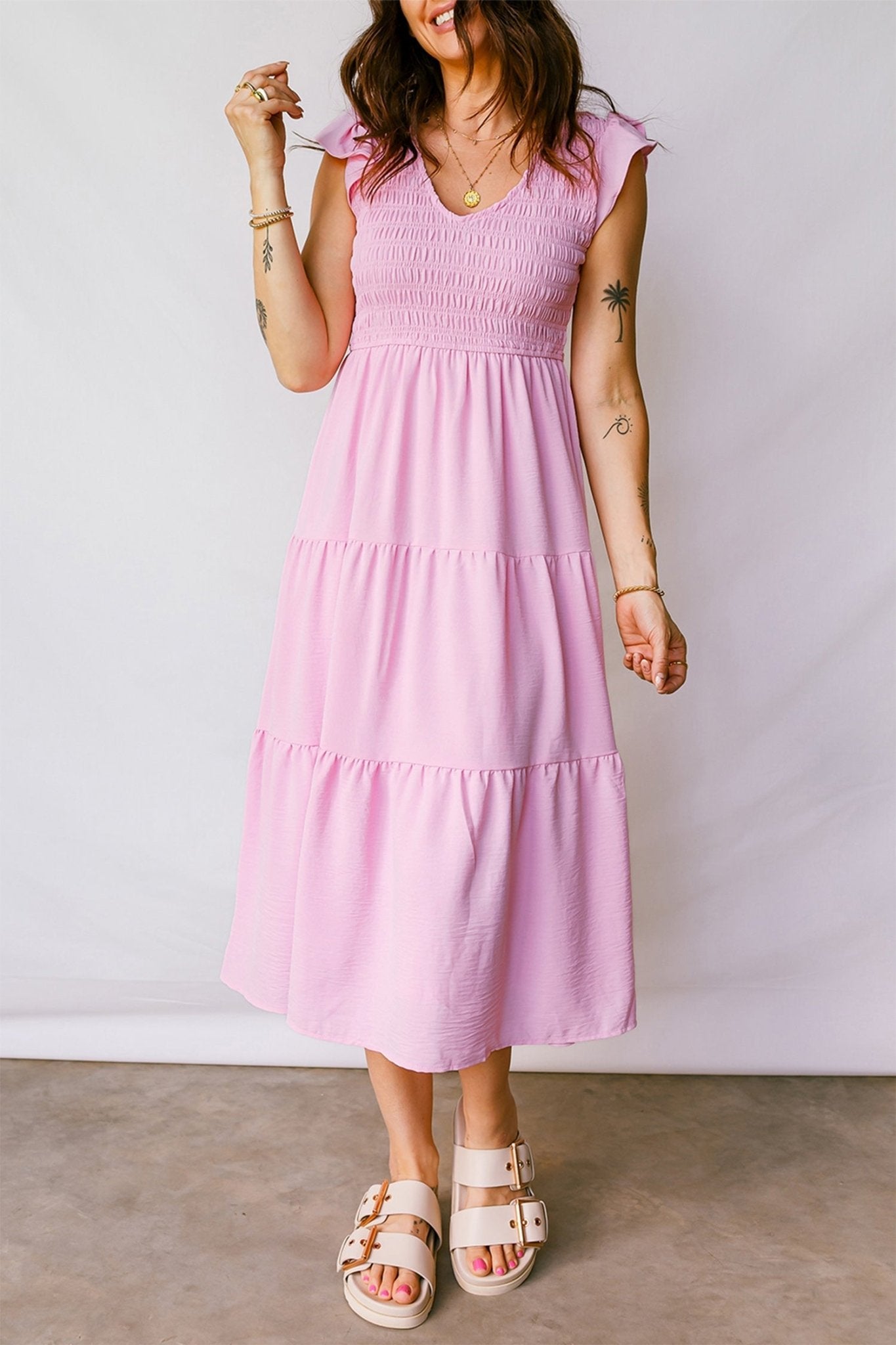 Smocked V-Neck Flutter Sleeve Tiered Midi Dress - Rooted & Reckless Co.