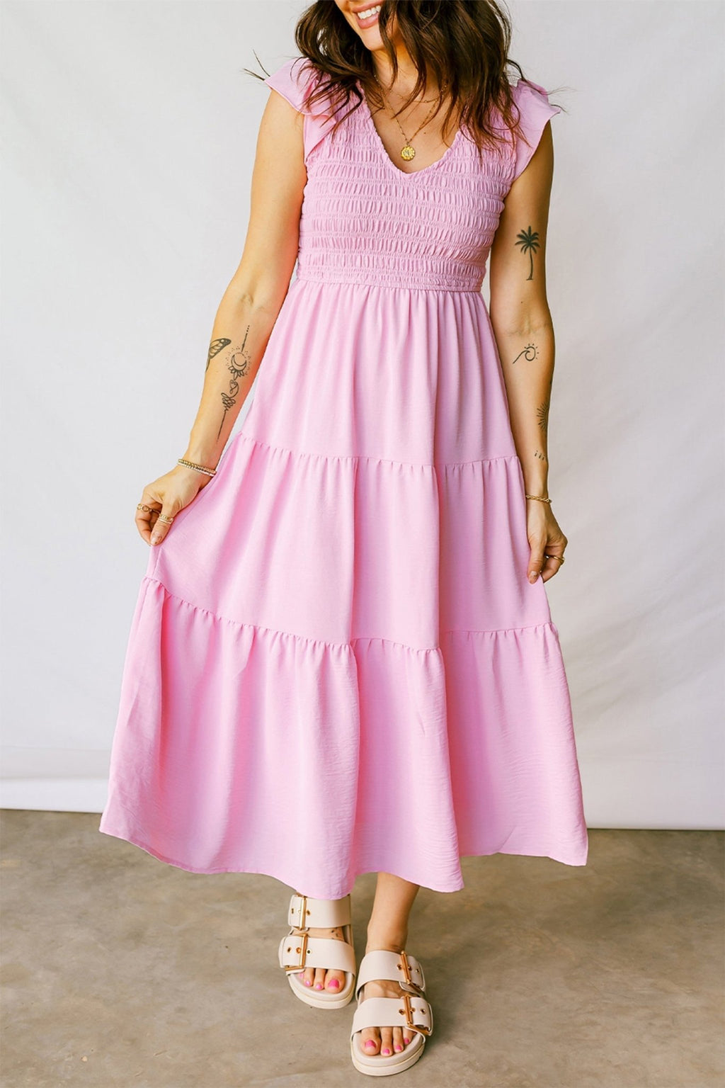 Smocked V-Neck Flutter Sleeve Tiered Midi Dress - Rooted & Reckless Co.