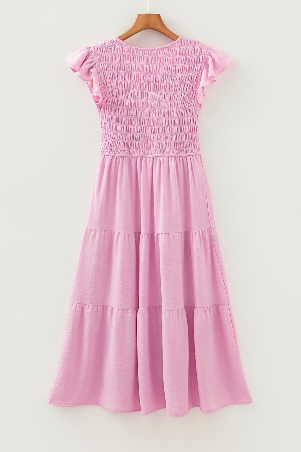 Smocked V-Neck Flutter Sleeve Tiered Midi Dress - Rooted & Reckless Co.