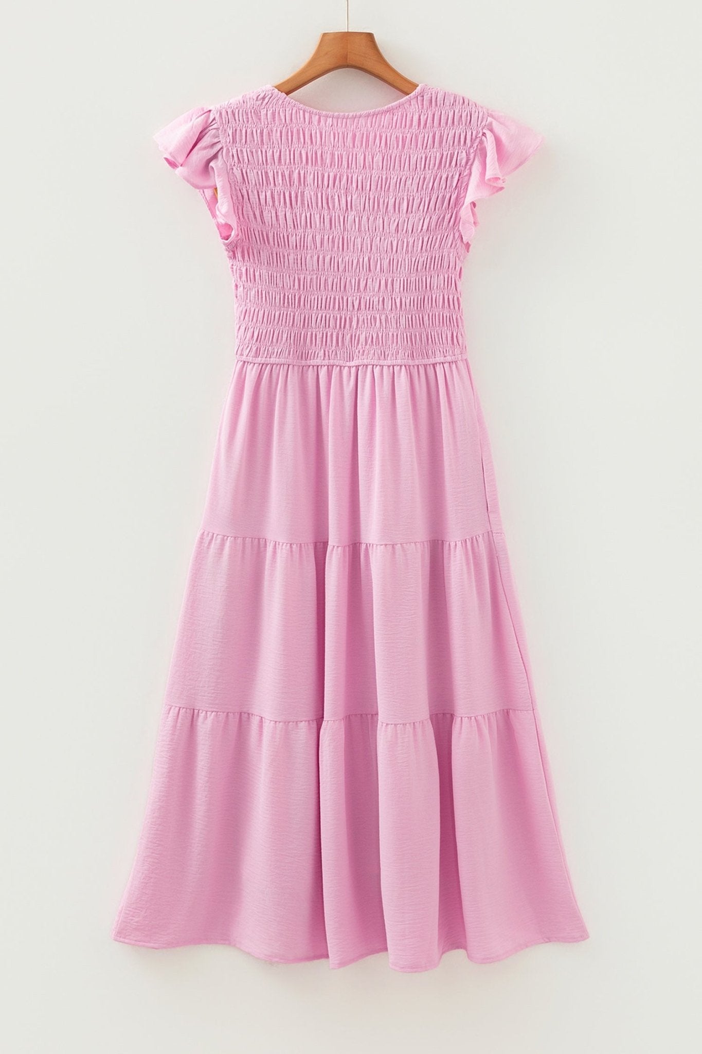 Smocked V-Neck Flutter Sleeve Tiered Midi Dress - Rooted & Reckless Co.