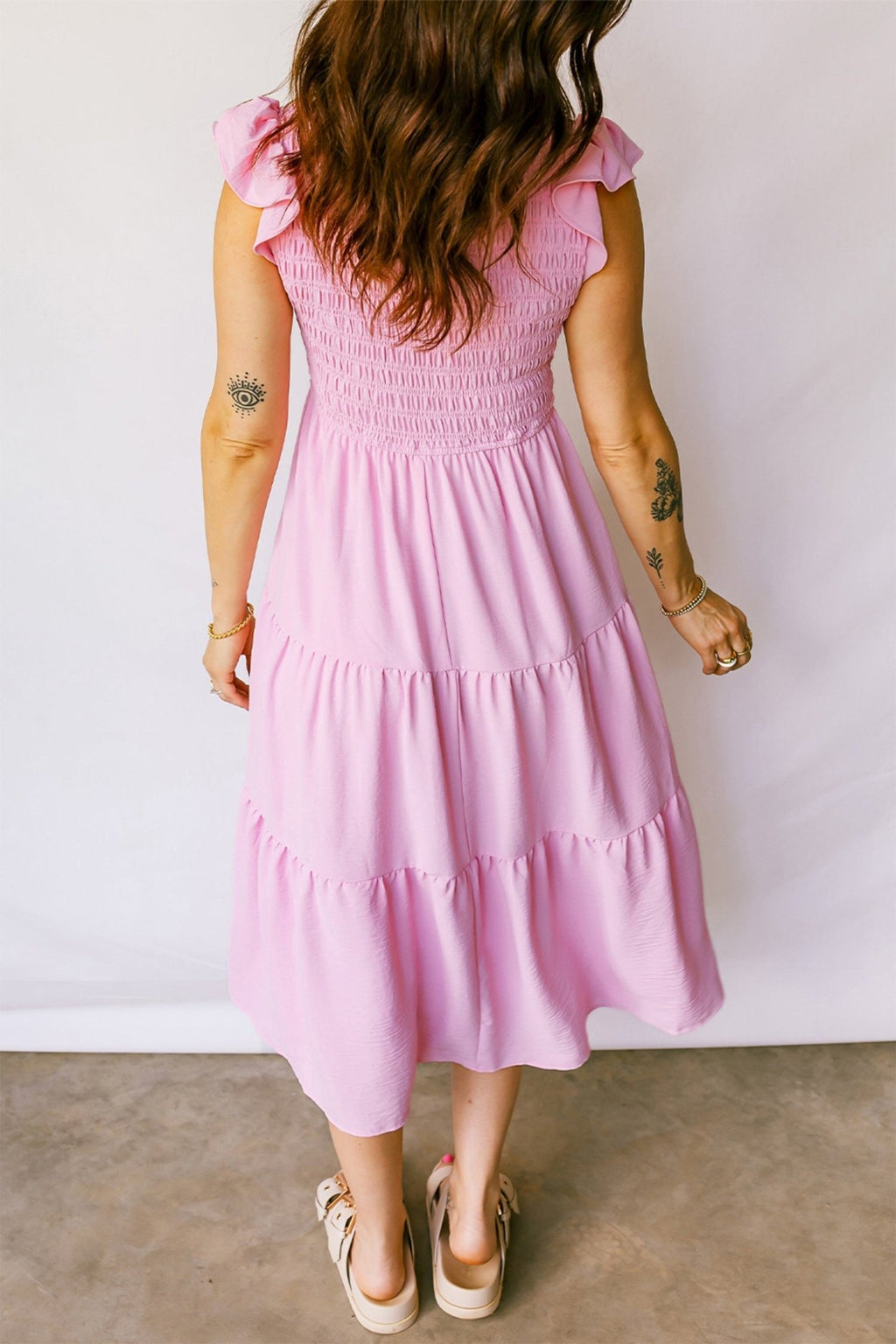 Smocked V-Neck Flutter Sleeve Tiered Midi Dress - Rooted & Reckless Co.