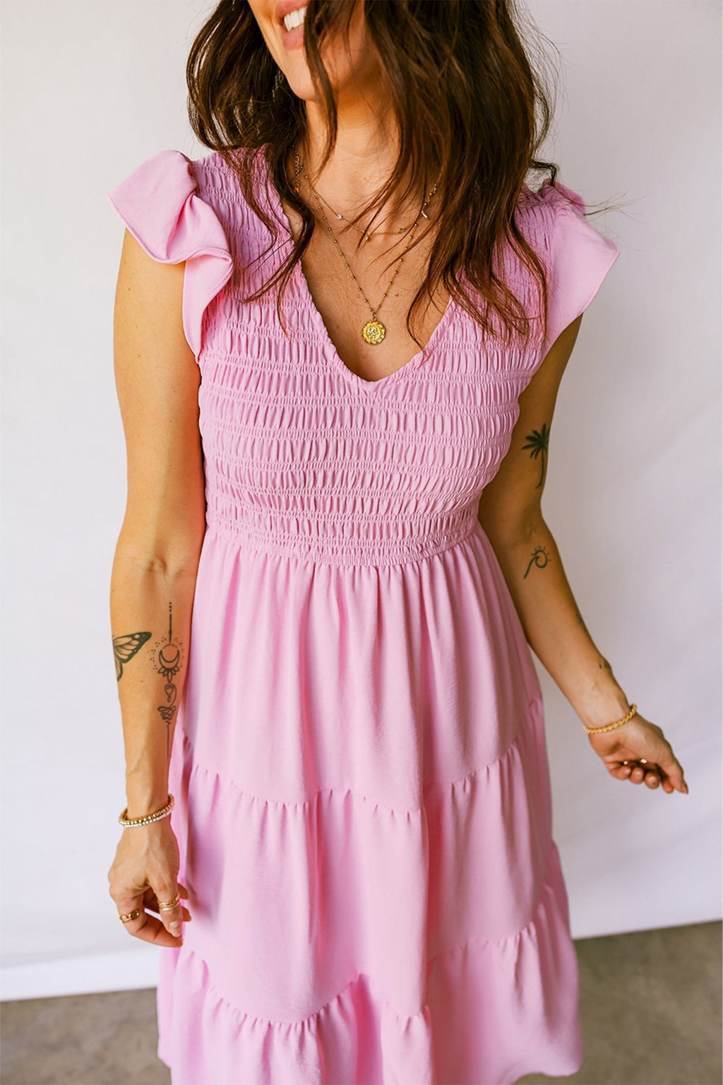 Smocked V-Neck Flutter Sleeve Tiered Midi Dress - Rooted & Reckless Co.