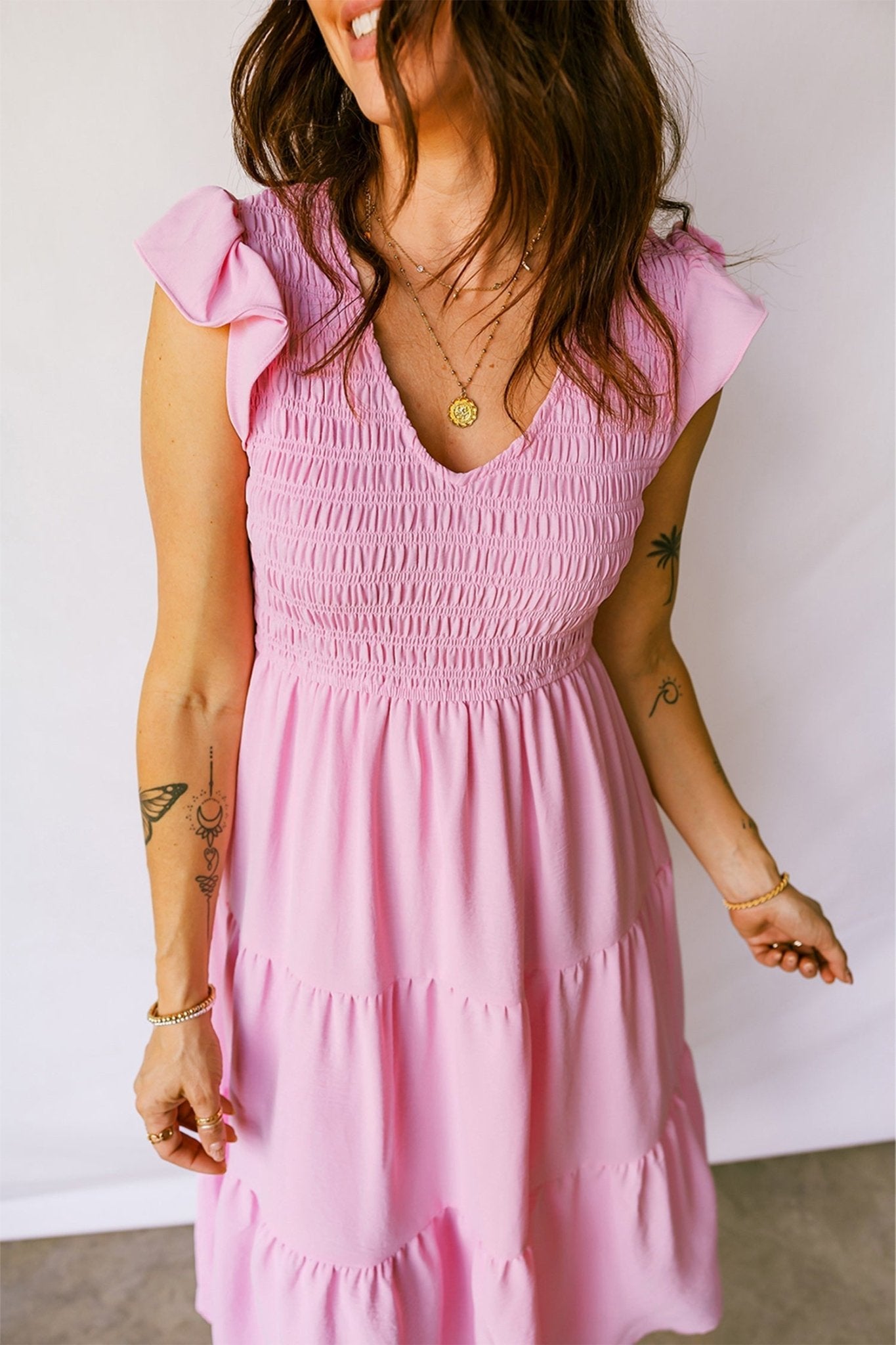 Smocked V-Neck Flutter Sleeve Tiered Midi Dress - Rooted & Reckless Co.