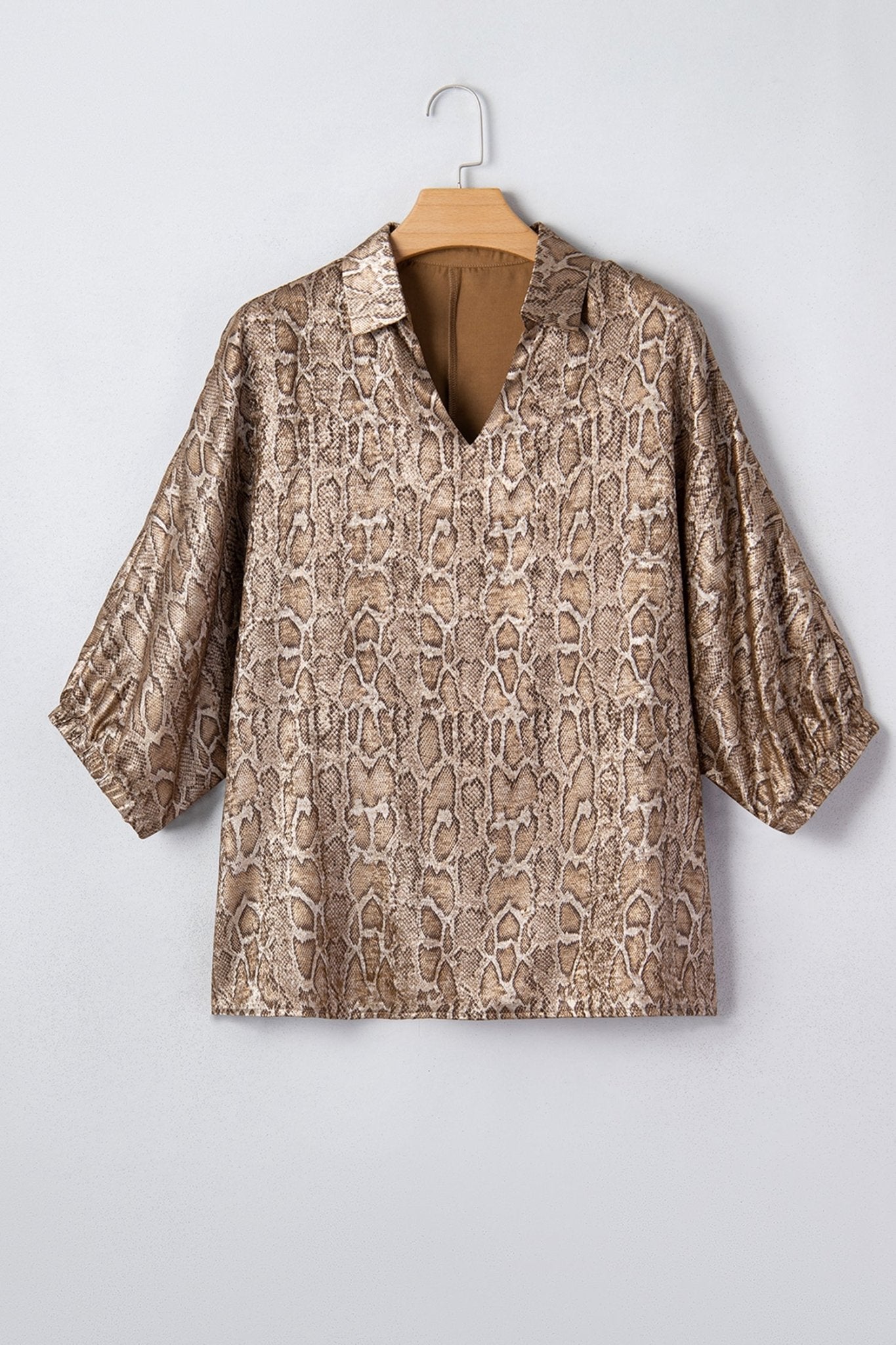 Snake Skin Metallic Polo Collared V-Neck Blouse - Rooted & Reckless Co.