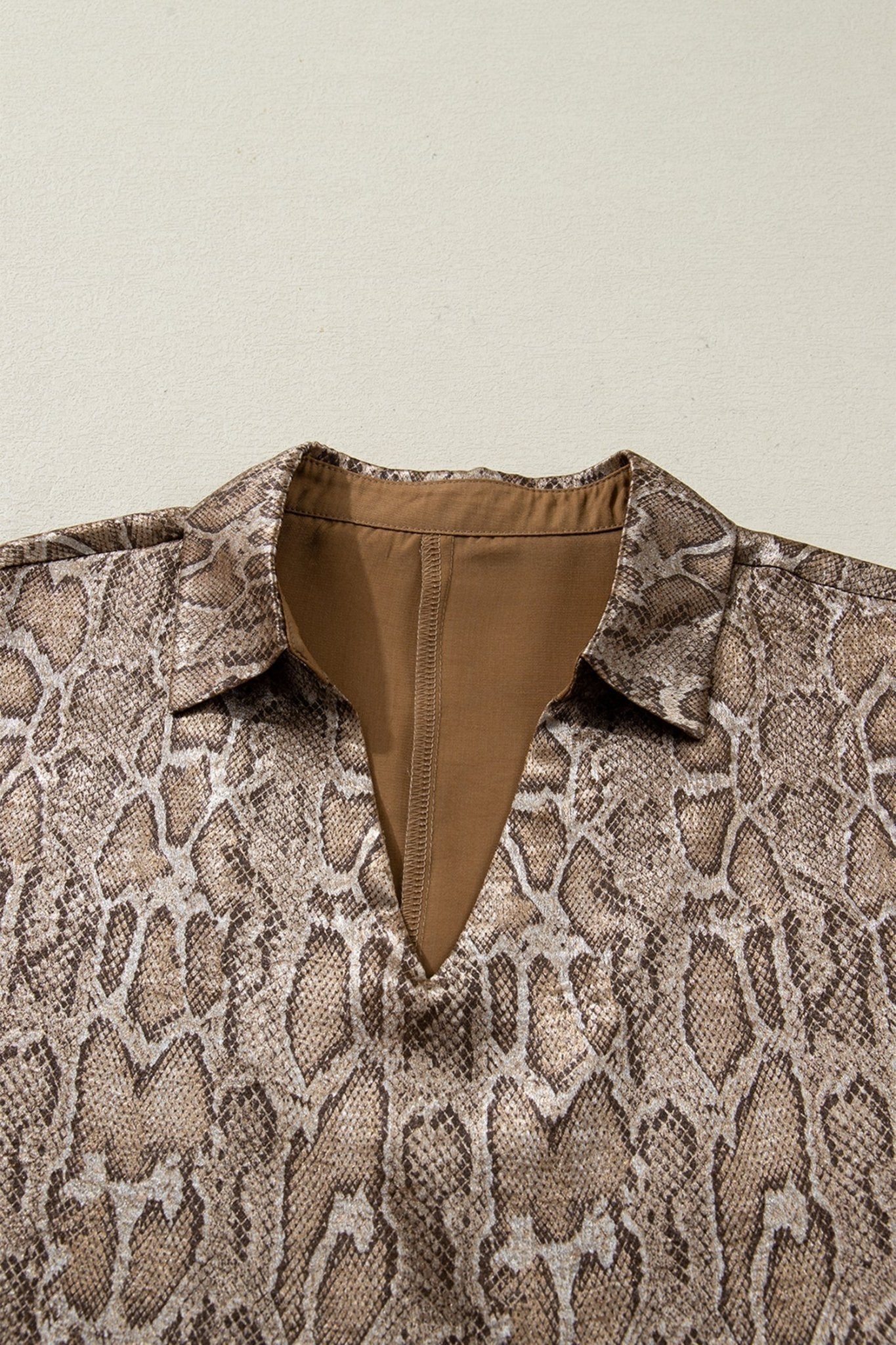Snake Skin Metallic Polo Collared V-Neck Blouse - Rooted & Reckless Co.