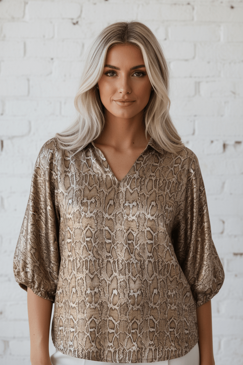Snake Skin Metallic Polo Collared V-Neck Blouse - Rooted & Reckless Co.