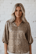 Snake Skin Metallic Polo Collared V-Neck Blouse - Rooted & Reckless Co.