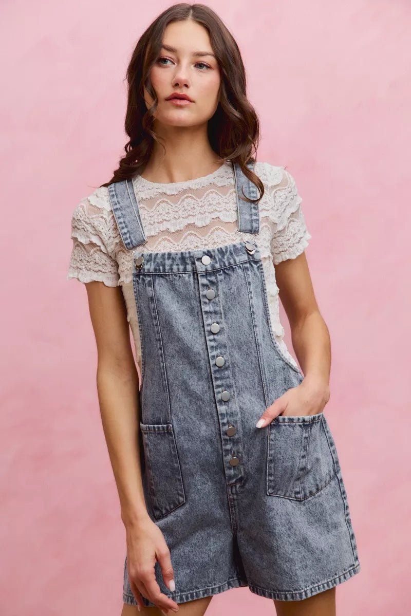 SO ME Denim Washed On Front With Adjustable Strap Romper - Rooted & Reckless Co.