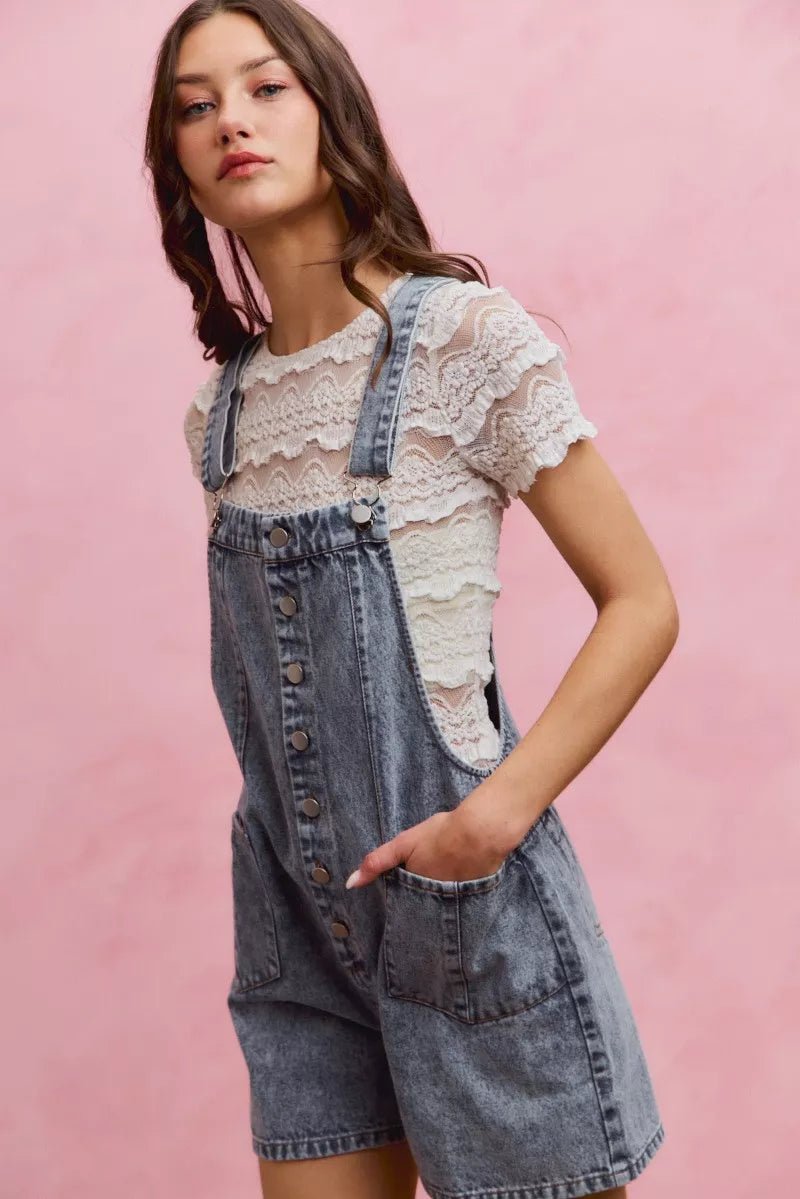 SO ME Denim Washed On Front With Adjustable Strap Romper - Rooted & Reckless Co.