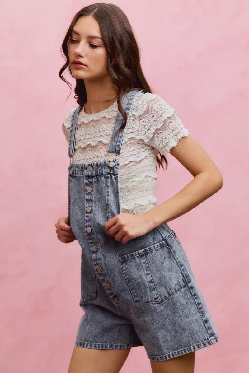 SO ME Denim Washed On Front With Adjustable Strap Romper - Rooted & Reckless Co.