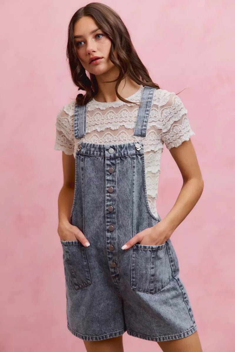 SO ME Denim Washed On Front With Adjustable Strap Romper - Rooted & Reckless Co.
