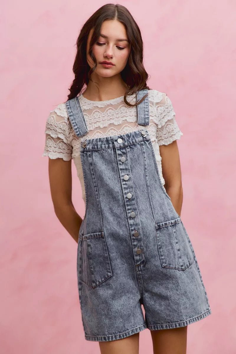 SO ME Denim Washed On Front With Adjustable Strap Romper - Rooted & Reckless Co.
